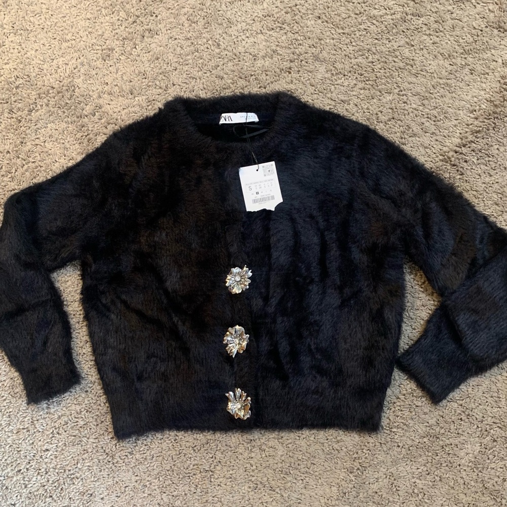 NWT Zara Black Faux Fur Cardigan Sweater Flower Button Small - READ DESCRIPTION